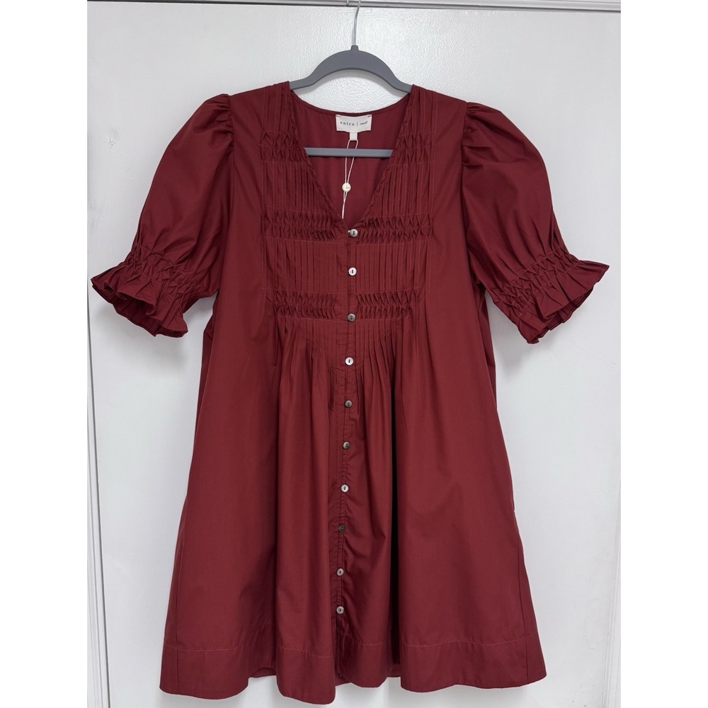 Entro NWT Women's Smocked Puff Sleeve Babydoll Dress Size Small Burgundy